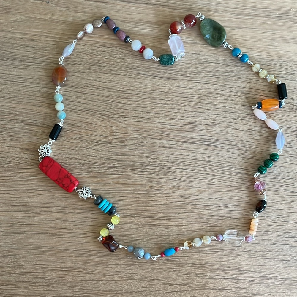 HAND CRAFTED EXTRA LONG MULTICOLORED BOHO JEWELED STATEMENT NECKLACE Approx. 34” - Picture 6 of 10